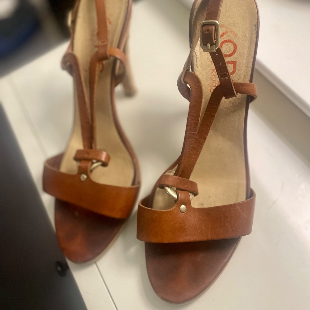 Michael Kors Leather Cork High Heel Strappy Sandal Shoe Brown w/Gold Buckle 8.5